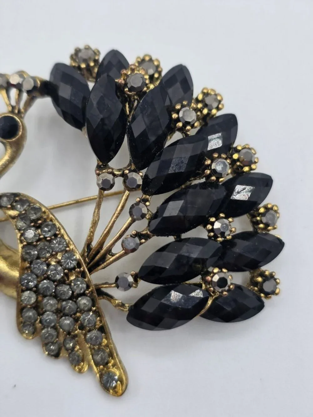 Gold-Tone Peacock Brooch With Rhinestone Wings & Black Gemstone Tail Feathers